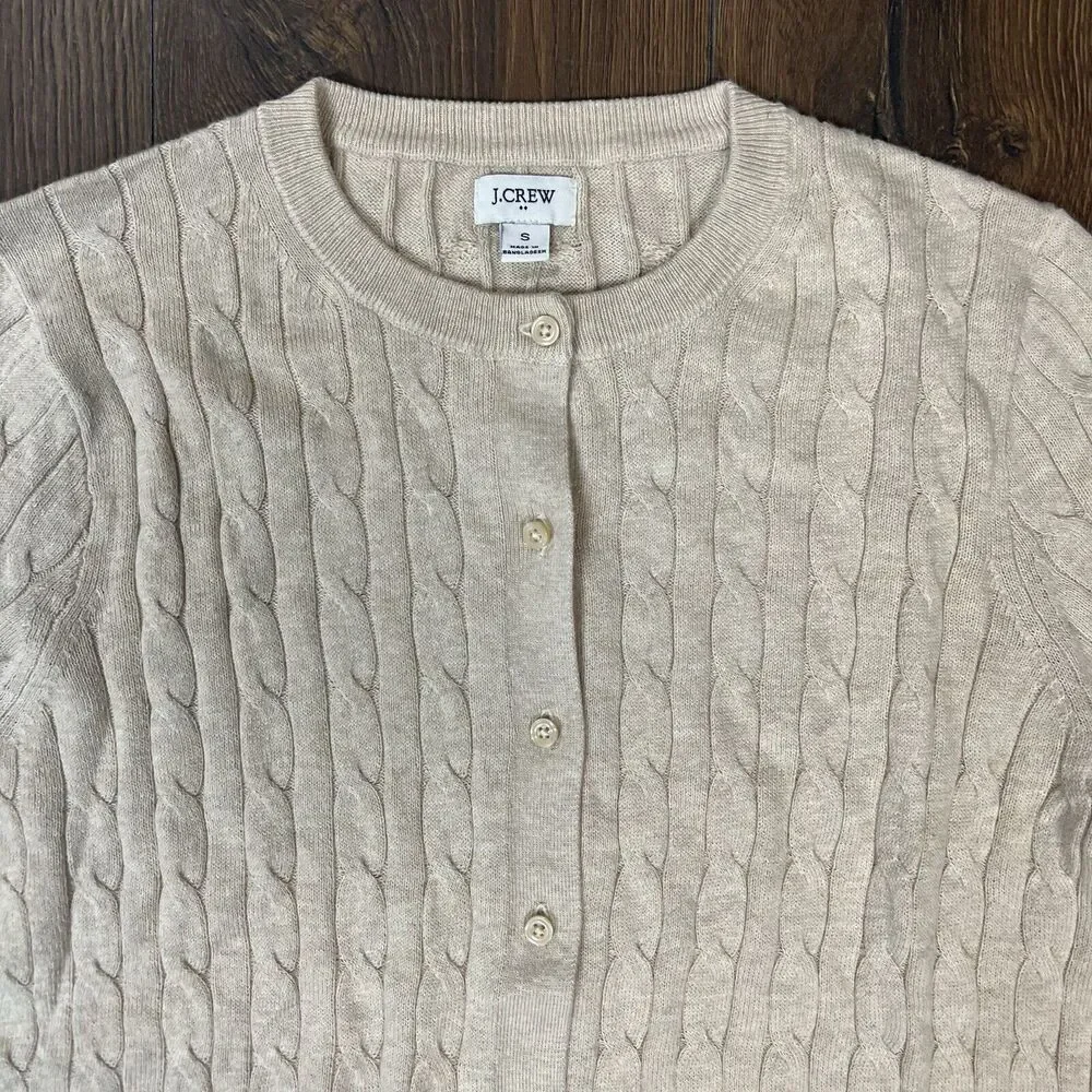 J Crew Women's Cable Knit Cardigan Sweater Button Long Sleeve Office Khaki SZ SM - Picture 4 of 6